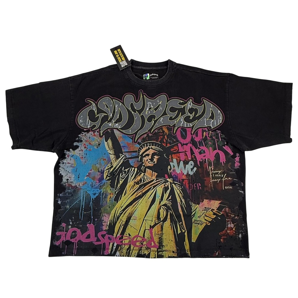 Godspeed Statue of Liberty Graffiti Graphic Tee Oversized Black Streetwear S